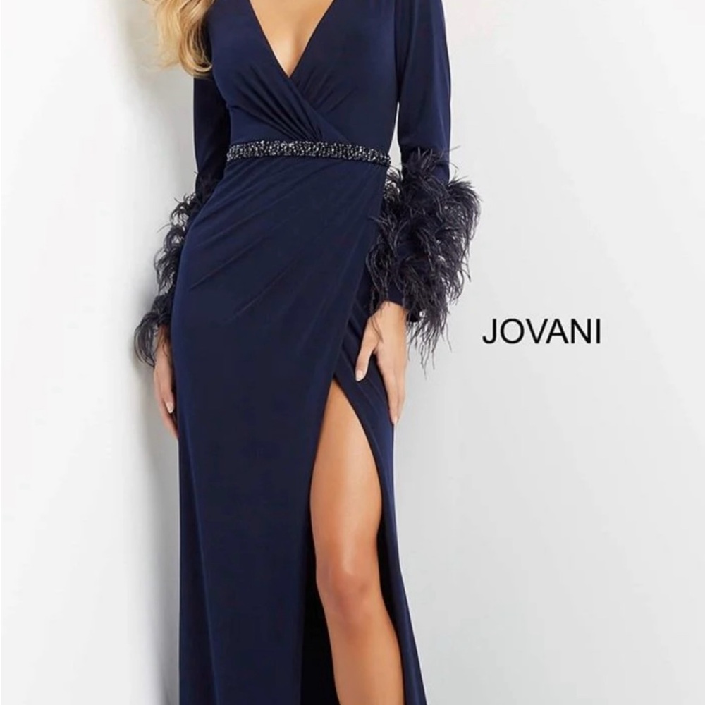 Jovani Midnight Blue Long Sleeve Gown with Feather Details NWT!!